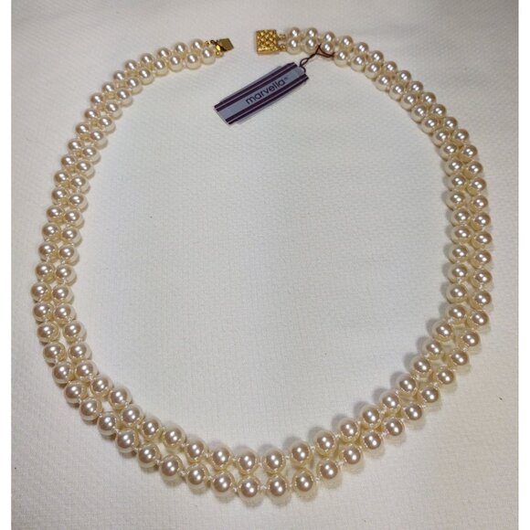 Marvella Double Strand Faux Pearl Necklace NWT, Gold Tone Box Clasp, Vintage - Picture 2 of 7